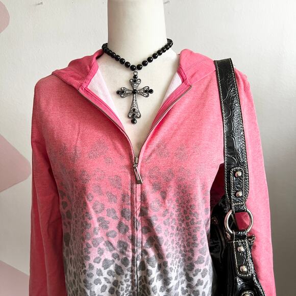 Oleg Cassini Sport Pink Leopard Zip Up Jacket Y2K Retro Streetwear Small - Picture 2 of 6